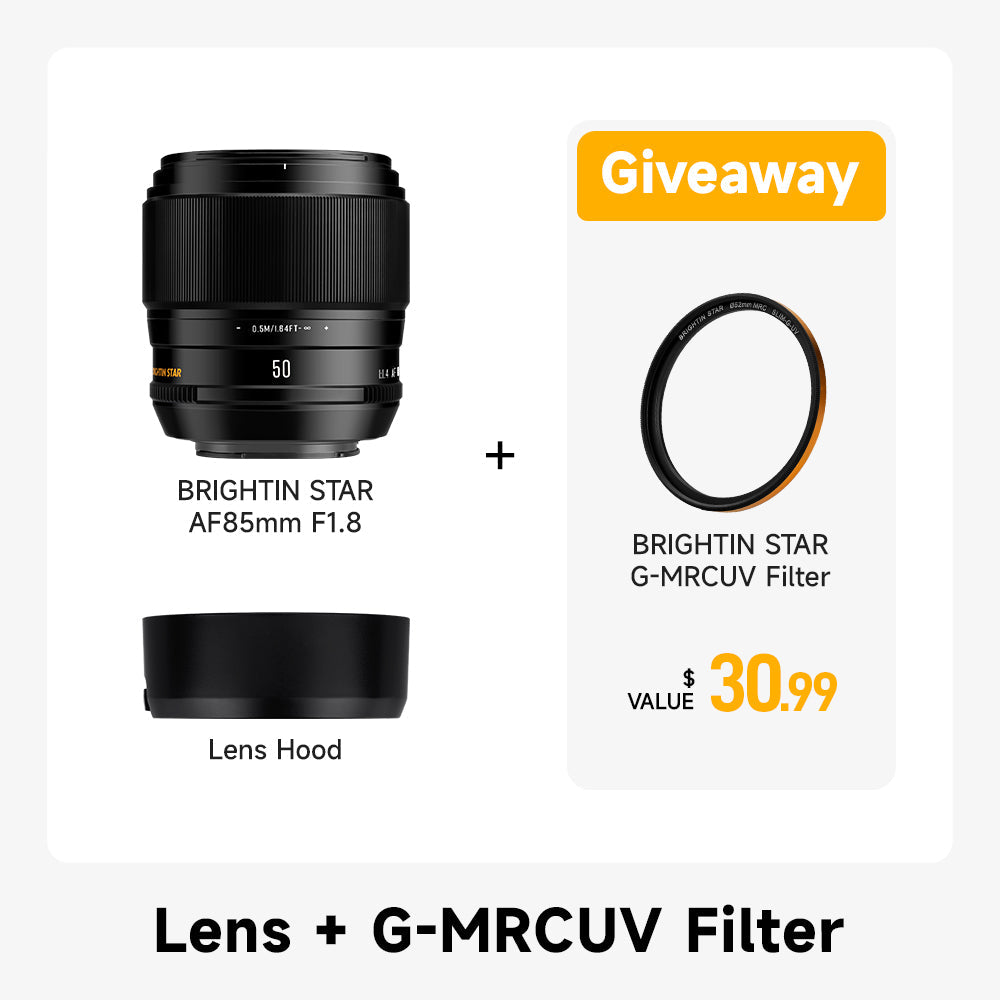 Brightin Star AF 50mm F1.4 APS-C Large Aperture Autofocus Prime Lens for Sony E / Fuji X Mount - Includes Free G-MRCUV Filter