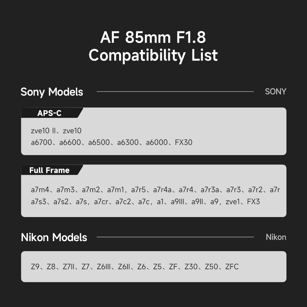 Brightin Star AF85mm F1.8 Full-frame Autofocus  Portrait Large Aperture Prime Lens Fit for Sony E/Nikon Z Mount