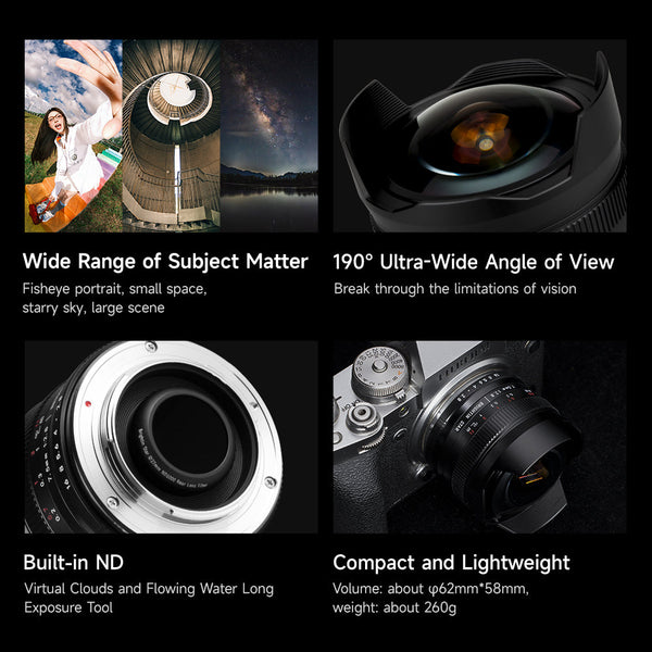Brightin Star 7.5mm F2.8 APS-C Fisheye Manual Focus Lens With ND Filter for Sony E/Canon M/Canon RF/Fuji X/Nikon Z/M43 Mount