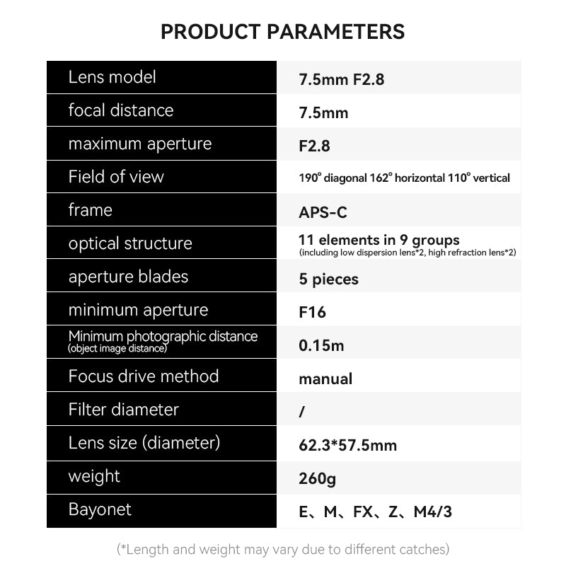 7.5mm F2.8 Fisheye Manual Focus Prime Lens - Brightin Star