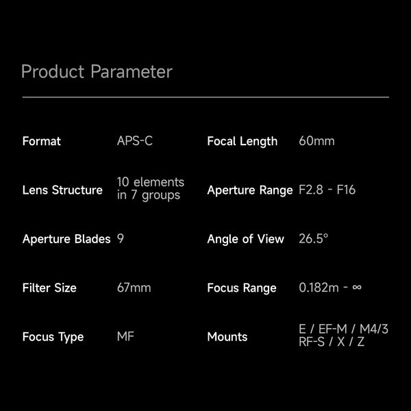 Brightin Star 60mm F2.8 2X Macro APS-C Manual Focus Prime Lens for Fuji X Mount