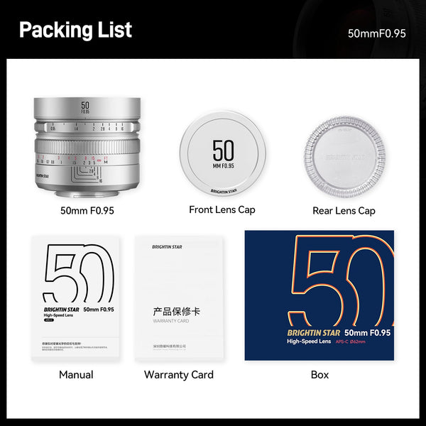 Brightin Star 50mm F0.95 APS-C  Night God Portrait Star  Manual Fixed Focus Lens Suitable For Fuji X/Canon M/Canon Rf/M43/Sony E/Nikon Z mount