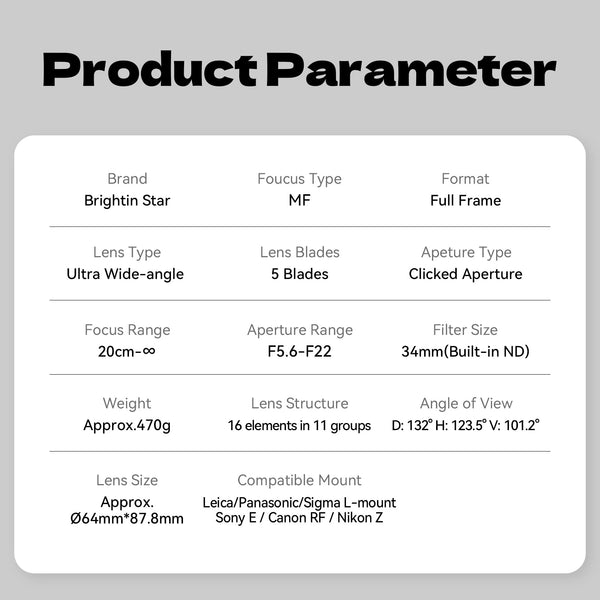 9mm F5.6 Full Frame Camera Lens with ND Filter For Leica/Panasonic/Sigma L-Mount