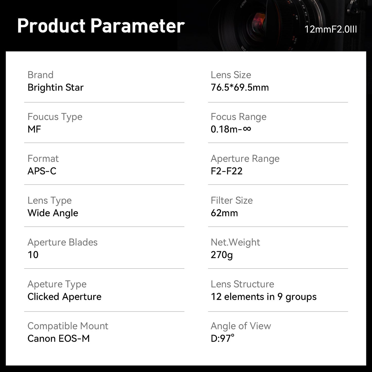 Brightin Star 12mm F2.0 III Ultra Wide-Angle Big Aperture APS-C Cameras Lens, Fit for Canon EF-M/RF