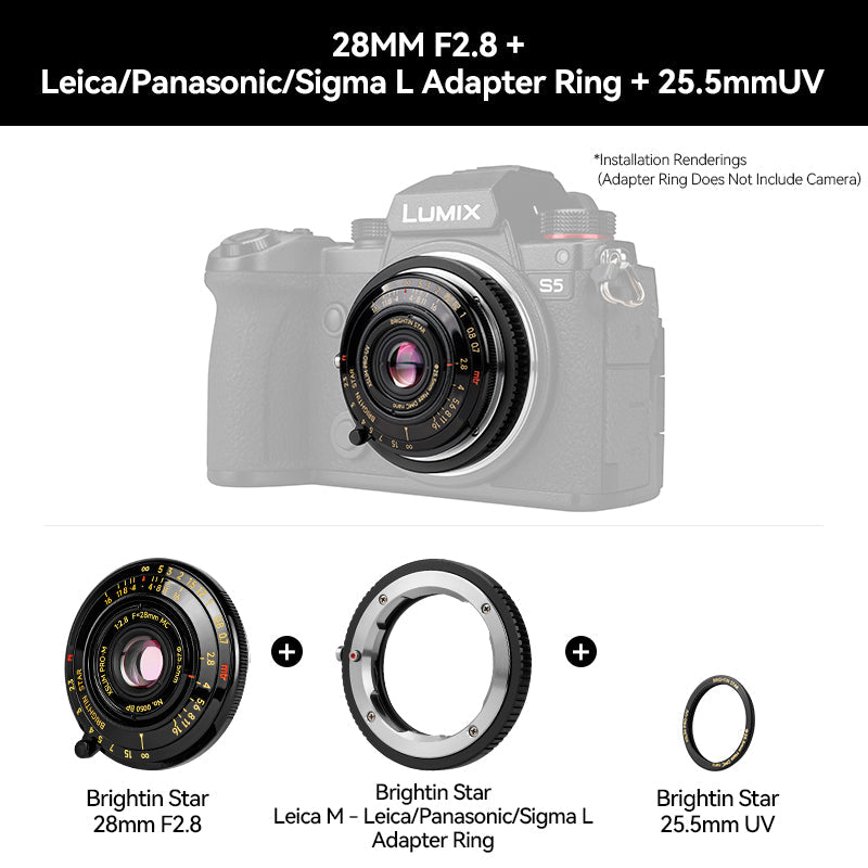 Brightin Star 28mm F2.8 Camera Lens Black Lacquer Ultra-Thin Pancake Lens Wide-Angle Lens Classic Humanistic Lens