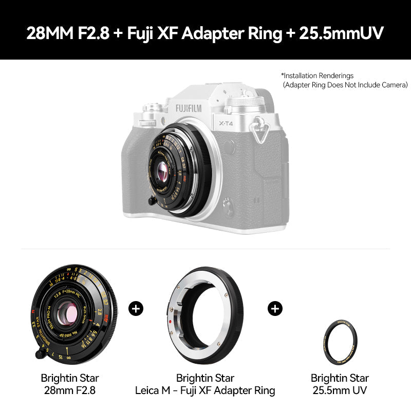 Brightin Star 28mm F2.8 Full Frame Lens Black Lacquer Ultra-Thin Pancake Lens For Leica M Mount Sony E/Canon RF/Fuji XF/GFX/Nikon Z Adapter Ring