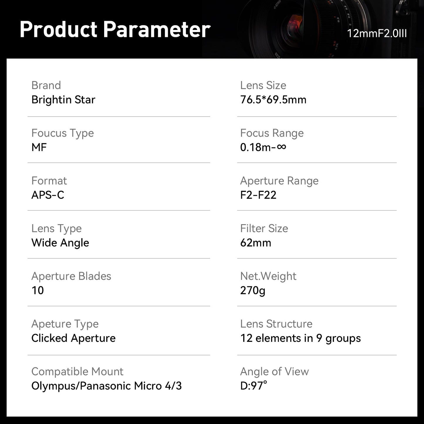 Brightin Star 12mm F2.0 III Ultra Wide-Angle Big Aperture APS-C Cameras Lens, Fit for Canon EF-M/RF Nikon Z M4/3 Sony E Fuji X