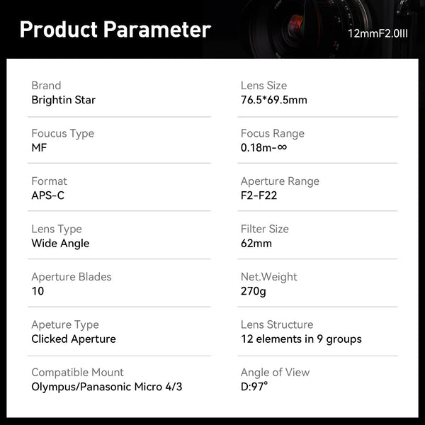 12mm F2.0 III APS-C Ultra Wide-Angle Big Aperture Cameras Lens For Panasonic/Olympus Micro 4/3 Mount