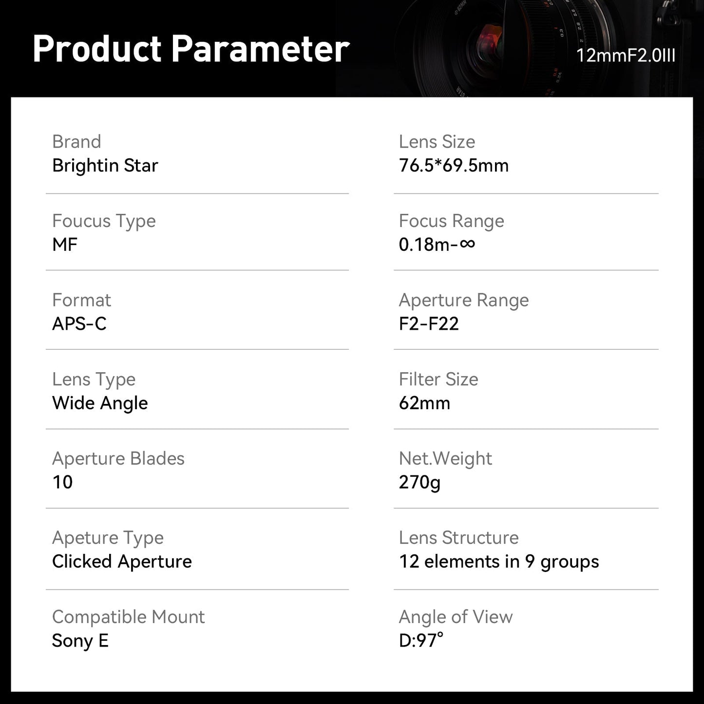 Father's Day Gifts Brightin Star 12mm F2.0 III Ultra Wide-Angle Big Aperture APS-C Cameras Lens, Fit for Canon EF-M/RF/Nikon Z/M4/3/Sony E/Fuji X