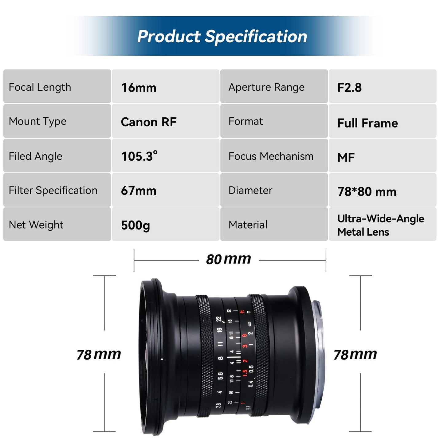 16mm F2.8 Full Frame Ultral Wide Angle Manual Focus Mirrorless Camera Lens