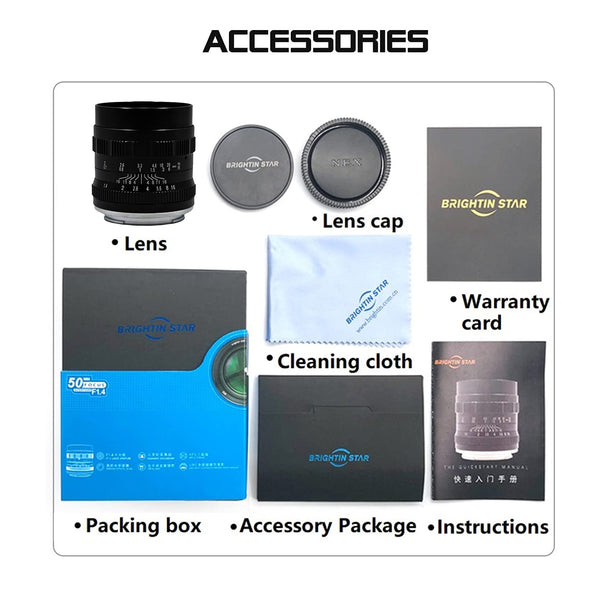 Brightin Star 50mm F1.4 APS-C Manual Focus Prime Lens for M43/Canon M/Fuji X/Sony E Mount