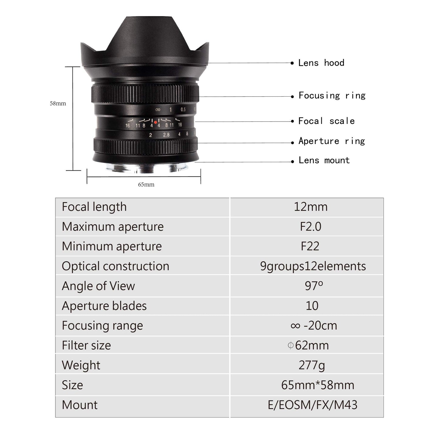 12mm F2.0 Ultra Wide-Angle Big Aperture APS-C Manual Focus Mirrorless Cameras Lens, Fit for Fuji X Mount